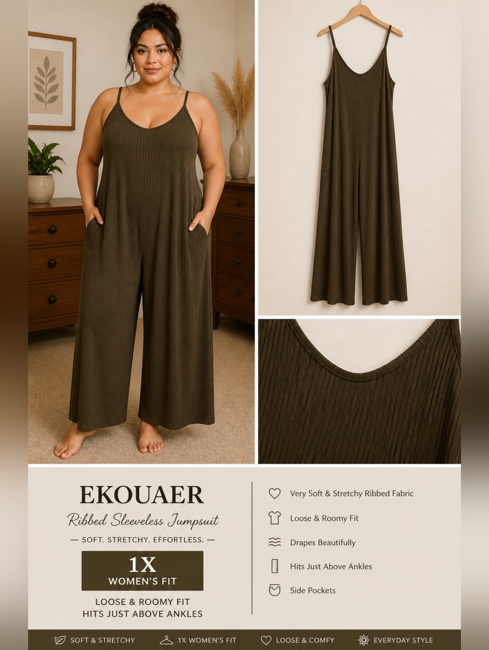 Women's Sleeveless Ribbed Jumpsuit in Olive Size XXL